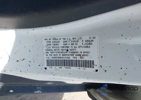 2003 Honda Cr-V Ex из США, поврежденный, VIN SHSRD78853U131020